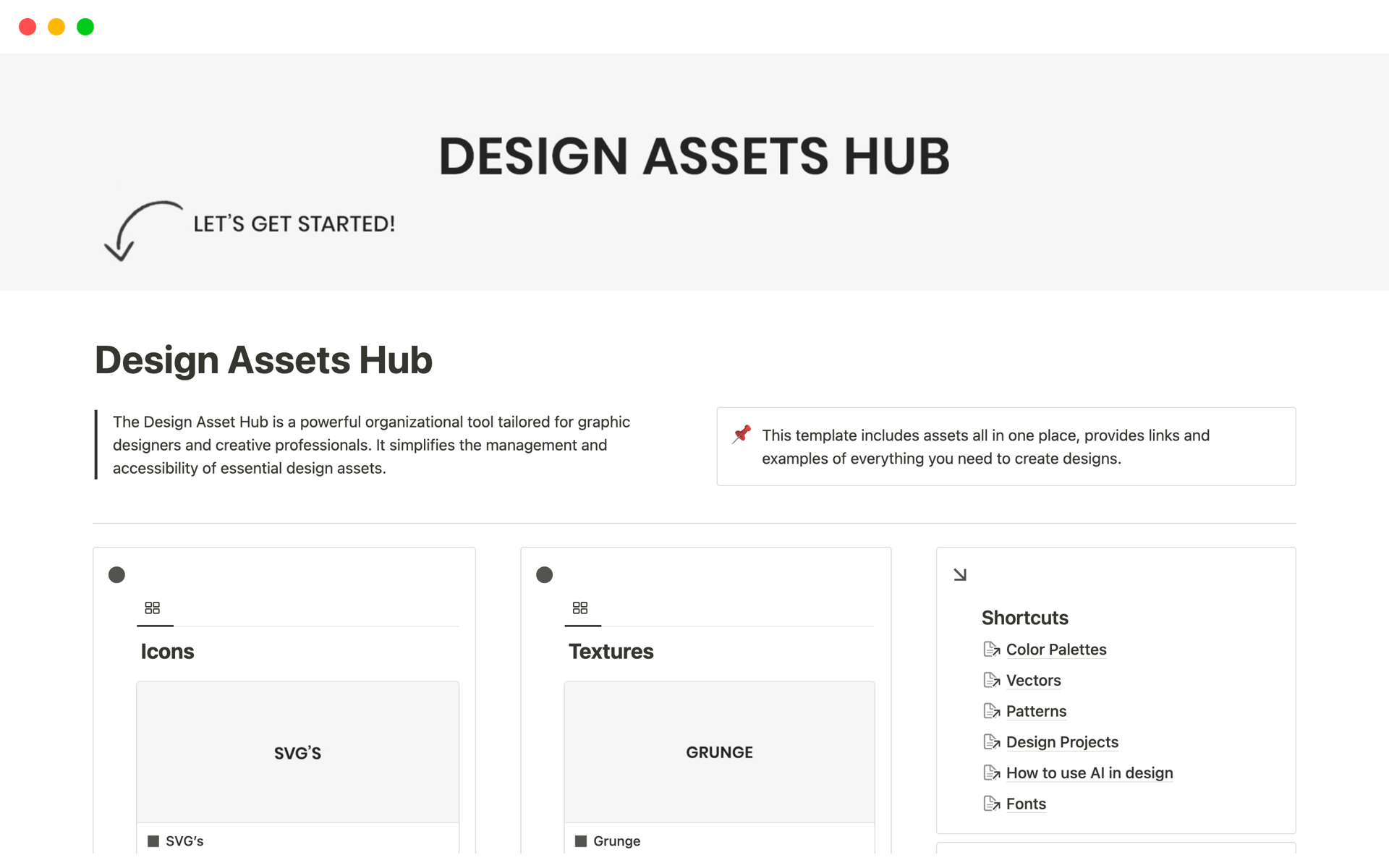 This template includes assets all in one place, provides links and examples of everything you need to create designs.