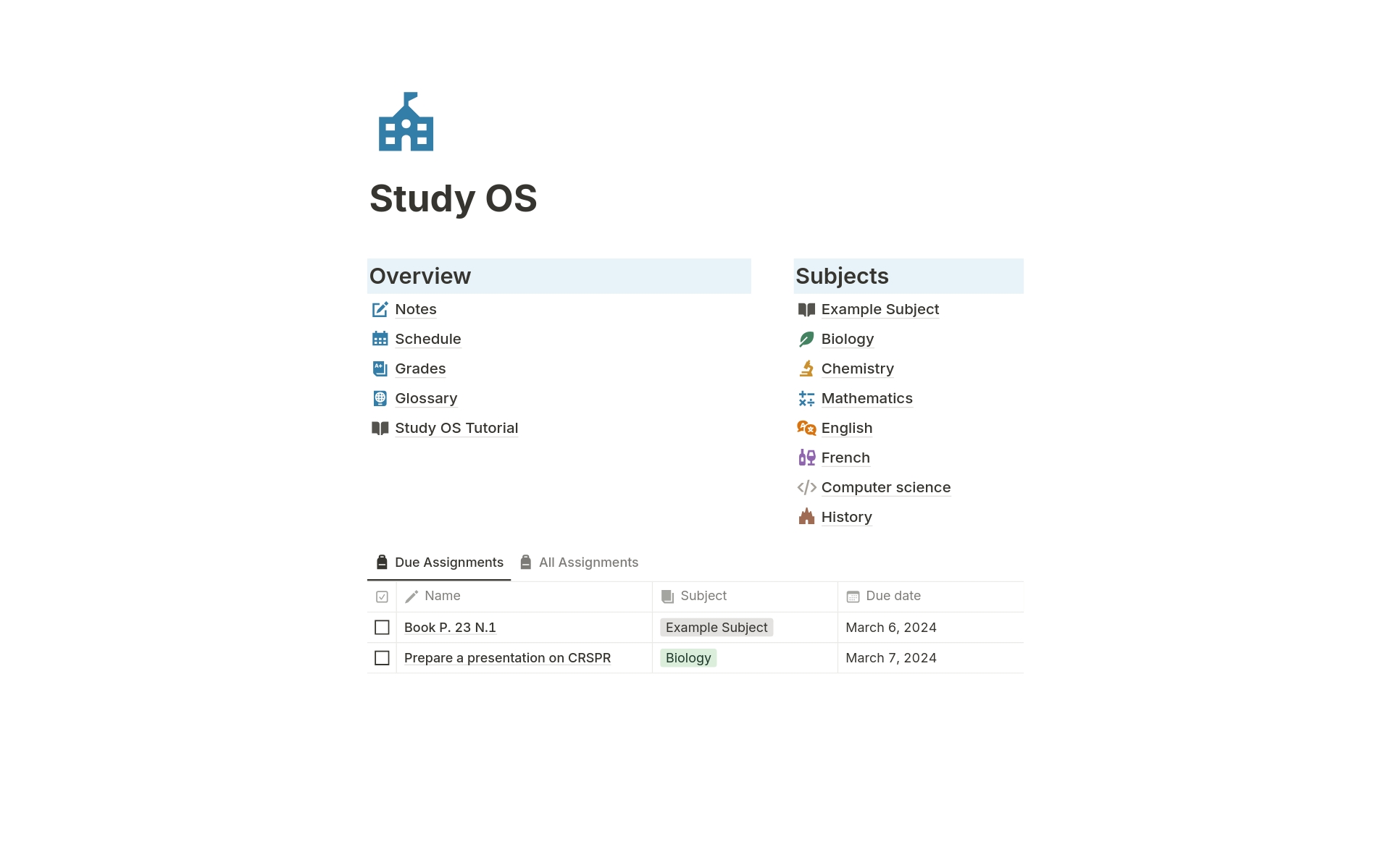 Vista previa de una plantilla para Study OS