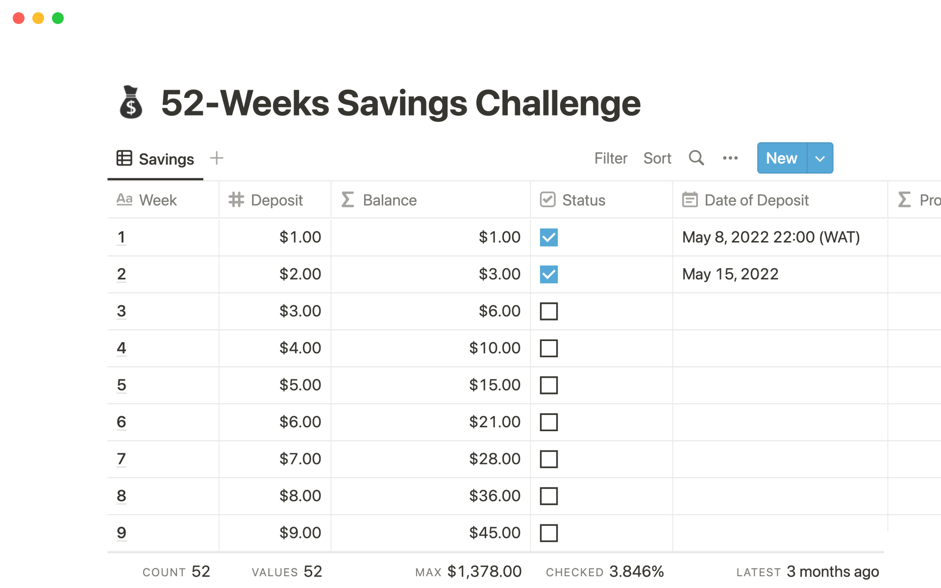 En forhåndsvisning av mal for 52-week savings challenge tracker