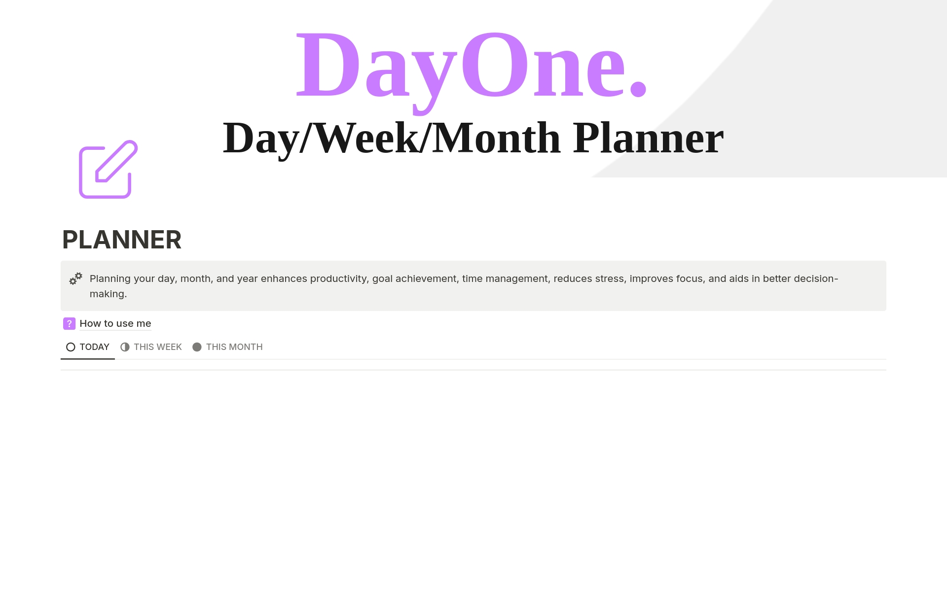 Aperçu du modèle de Planner (Day/Week/Month)