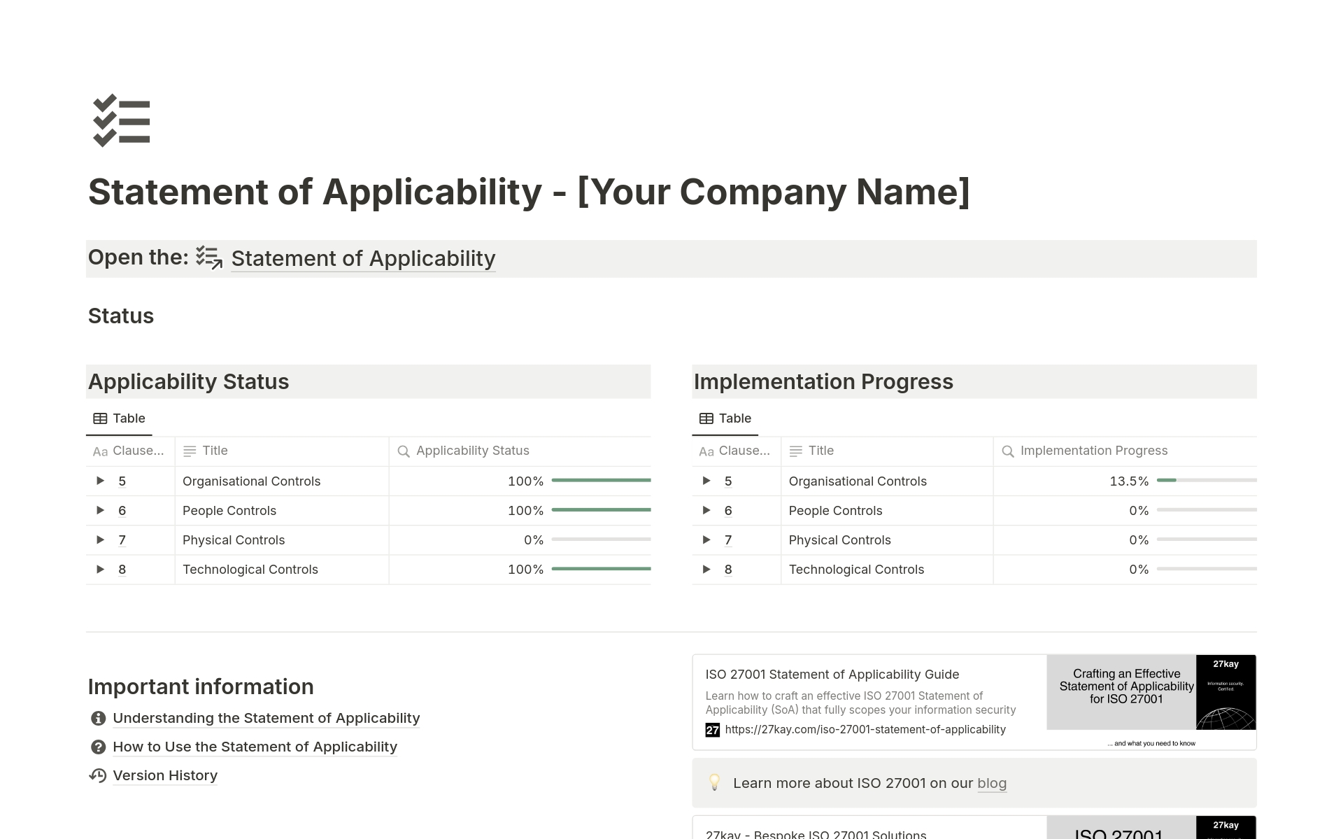 Vista previa de una plantilla para ISO 27001:2022 Statement of Applicability Template