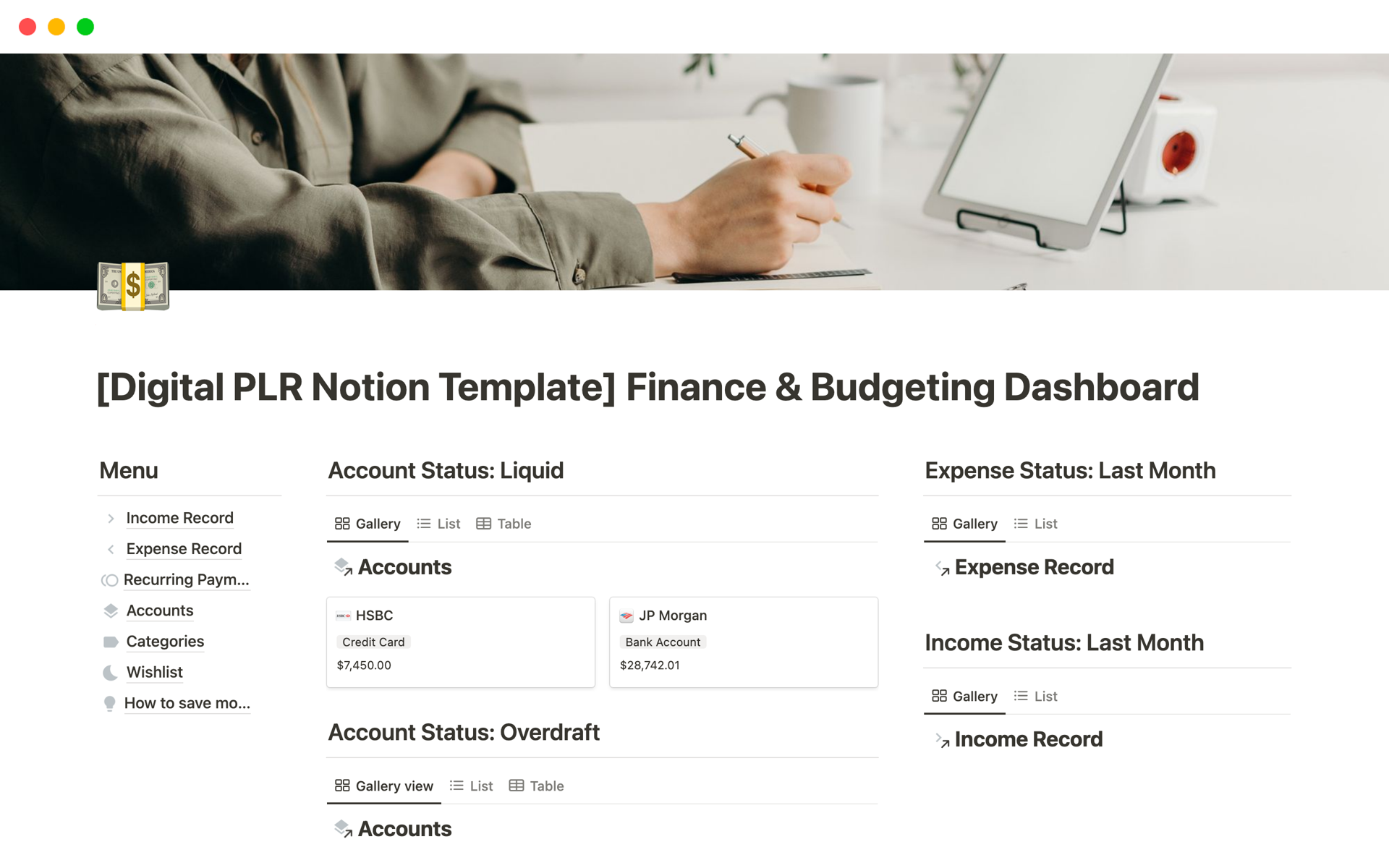 Aperçu du modèle de Finance & Budgeting Dashboard
