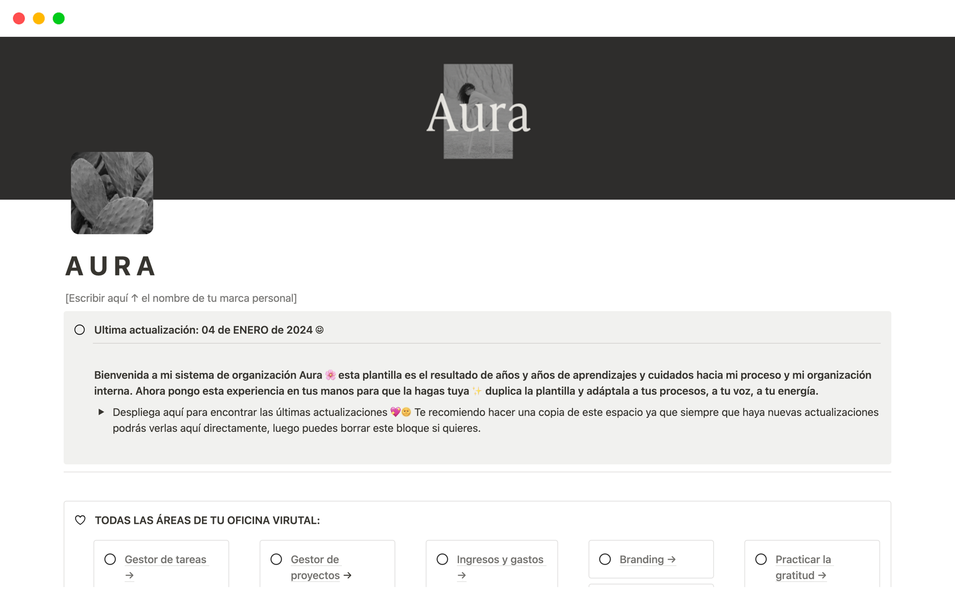 En forhåndsvisning av mal for AURA: Planificador empresarial y personal