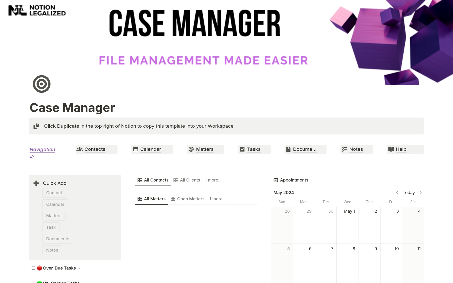 A template preview for Case Manager