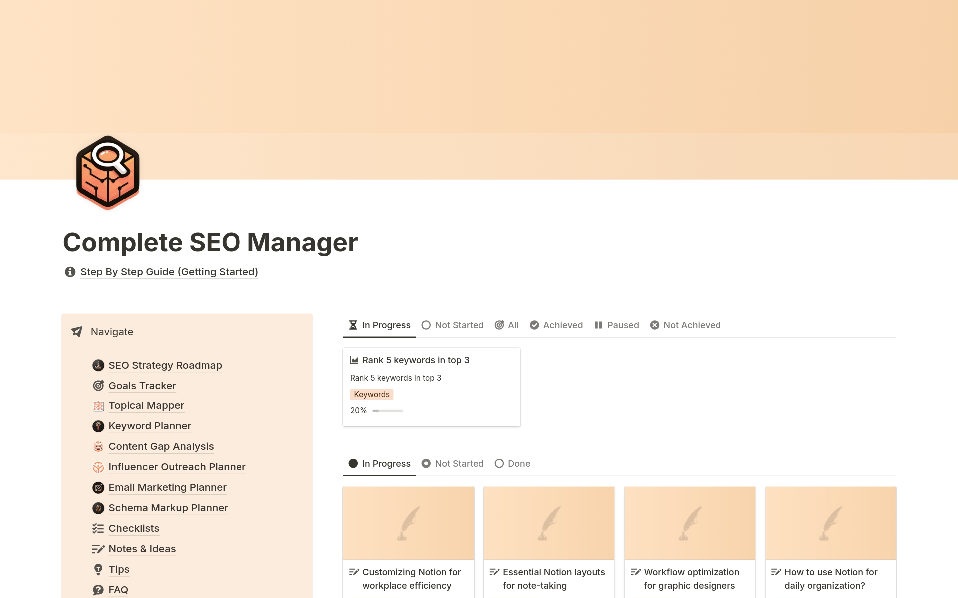 Complete SEO Manager: A holistic Notion template designed for SEO professionals and enthusiasts.

Scale Your Website With SEO Using Notion.

You can use this all-in-one system to manage your entire SEO strategy.

It gives you all the systems and tools you need.