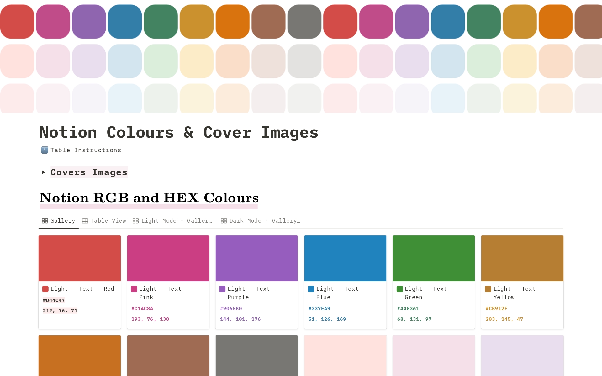 A free Notion template featuring a comprehensive database of all Notion colours with their RGB and hex codes. Greatfor creating custom cover images! Plus, enjoy a selection of free cover images in Notion colours ready to download and use.