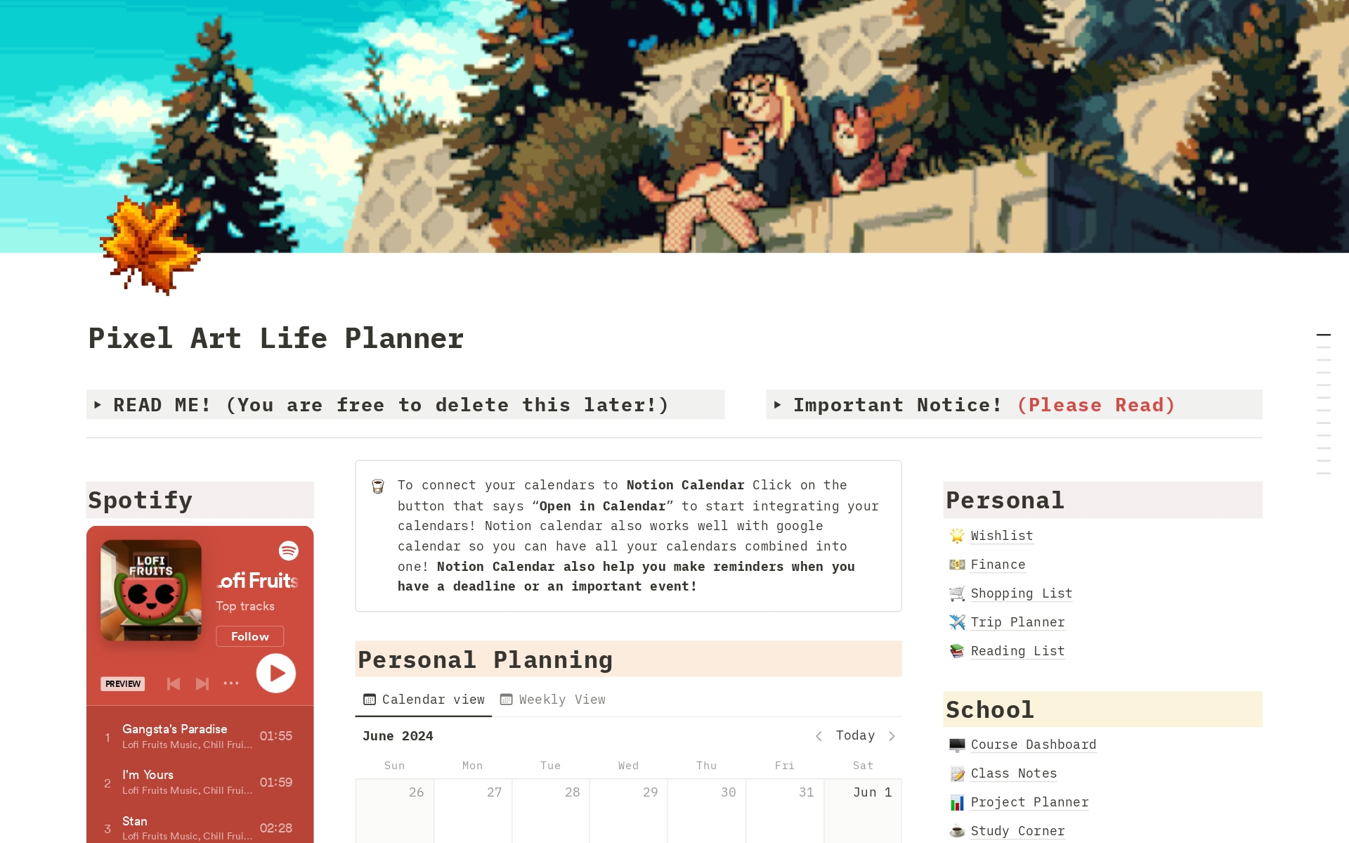 Pixel Art Life Planner – a vibrant, animated template to boost organization and creativity. Features include a wishlist, finance manager, shopping list, trip planner, reading list, course dashboard, project planner, skincare tracker, nutrition, fitness, and mental health tools.