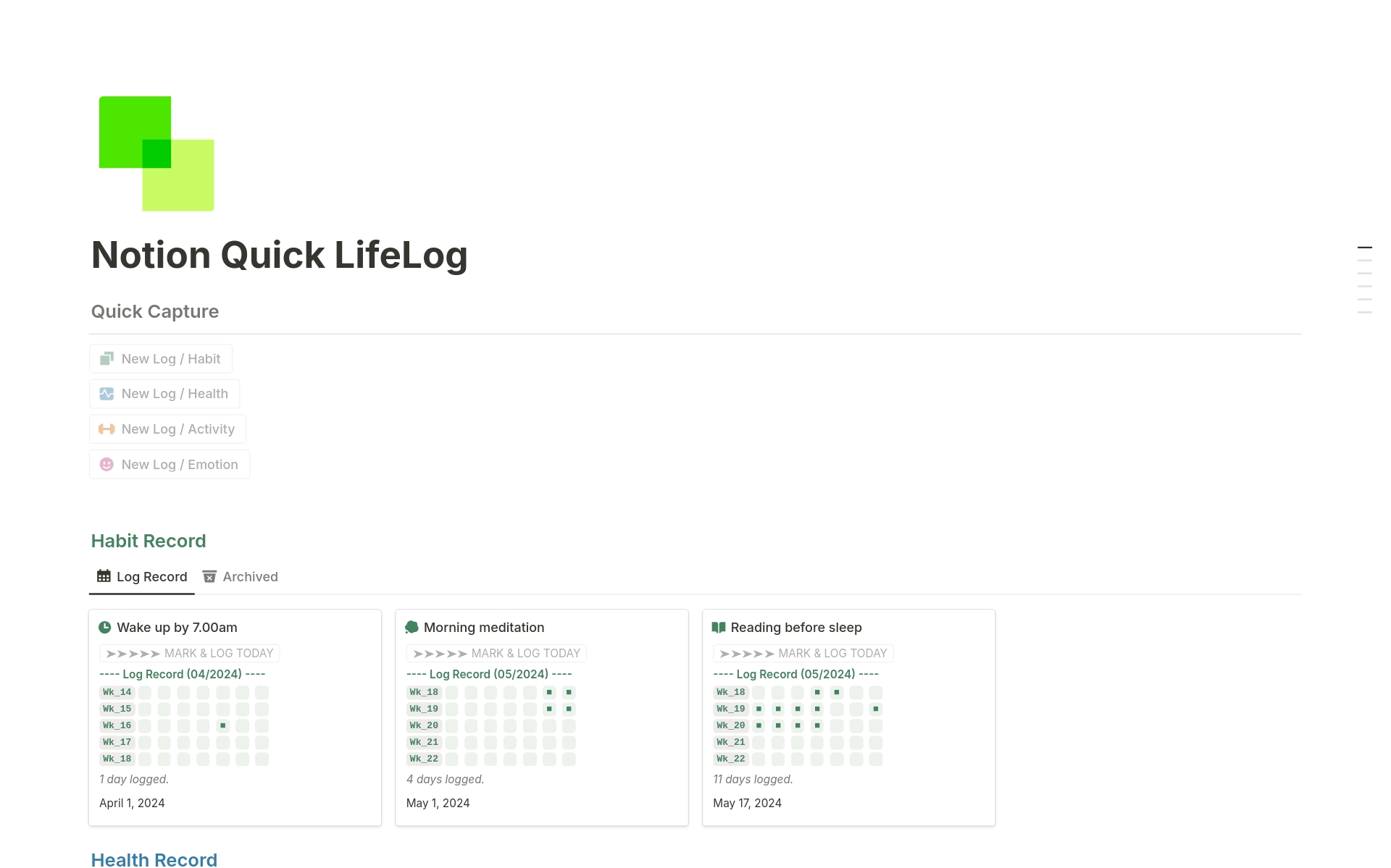 The Quick LifeLog Template makes daily tracking effortless. Whether documenting insomnia episodes or language practice days, this template simplifies the process, and it provides comprehensive and dynamic grid views, ensuring data readability. 
