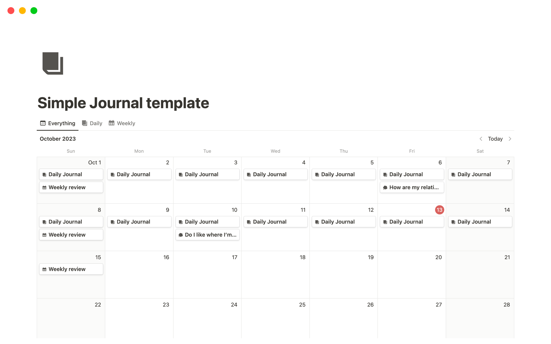 A template preview for Simple Journal