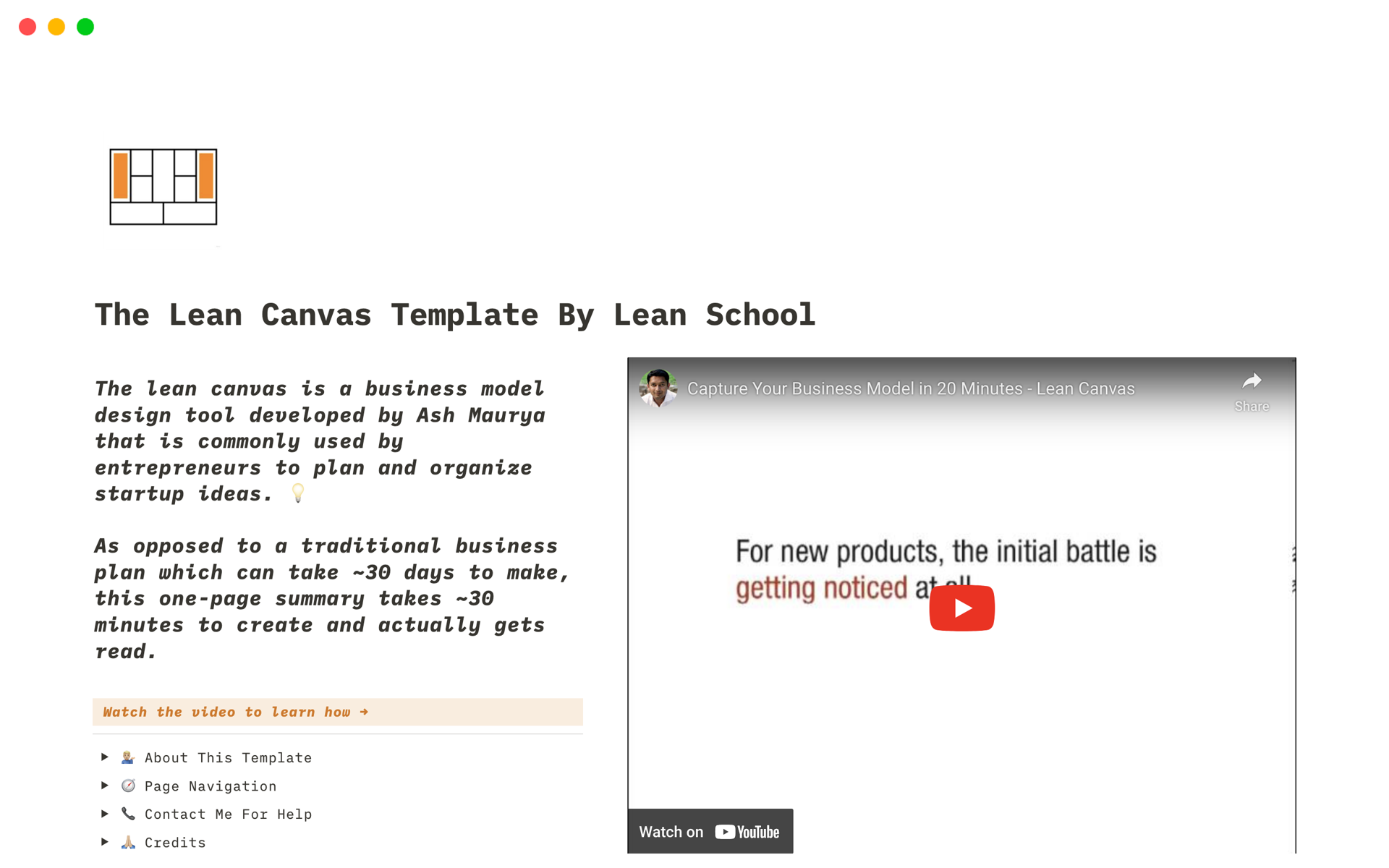 The Lean Canvas Template By Lean Schoolのテンプレートのプレビュー