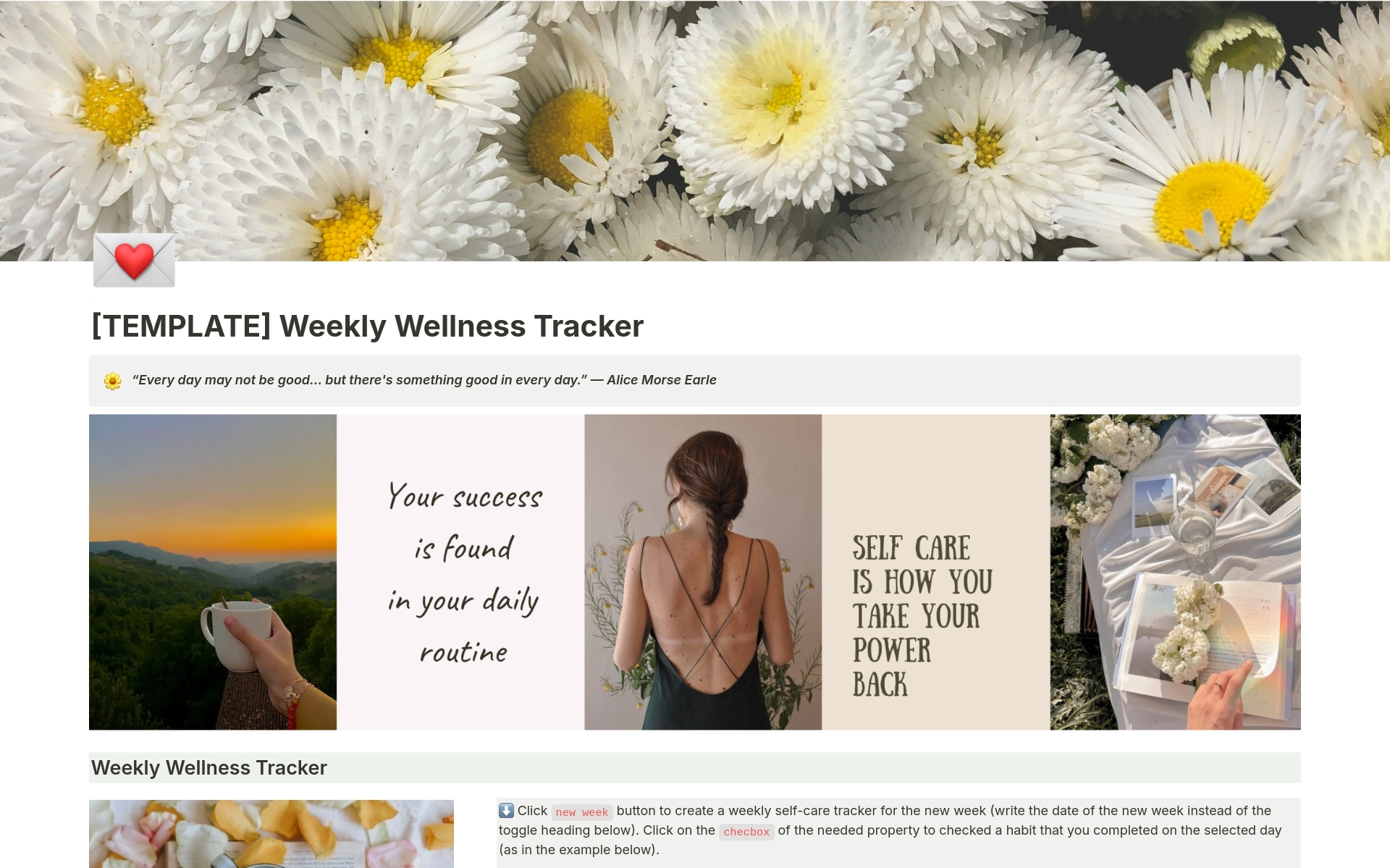🌼 Keep your self-care journey on track with Weekly Wellness Tracker. Monitor your progress, set achievable goals, and celebrate your victories along the way.