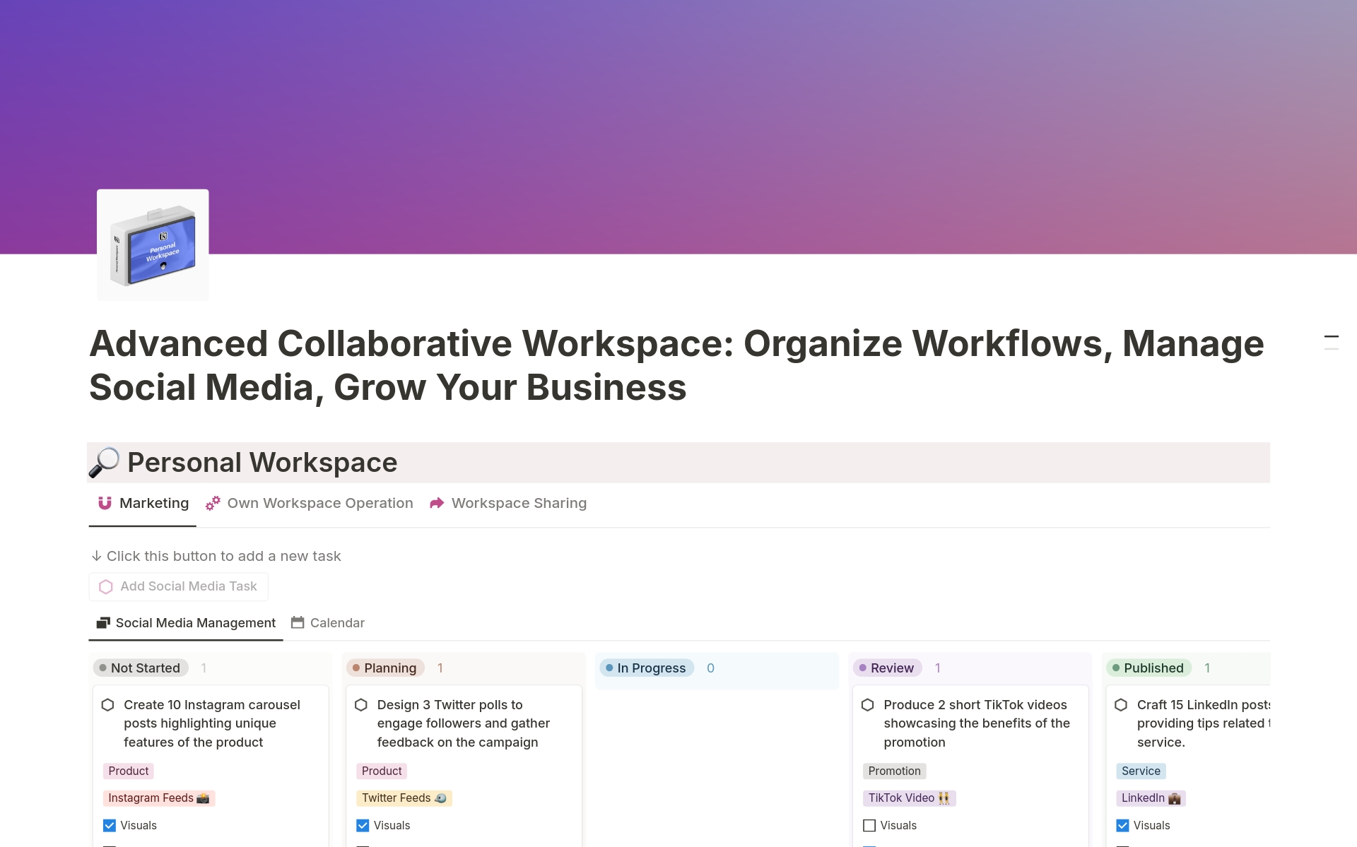 Organized workflows, effective social media management, and seamless team collaboration.
✓ Marketing: Plan, schedule, track social media campaigns
✓ Own Workspace Operation: Manage personal and business tasks
✓ Workspace Sharing: Collaborate while maintaining control