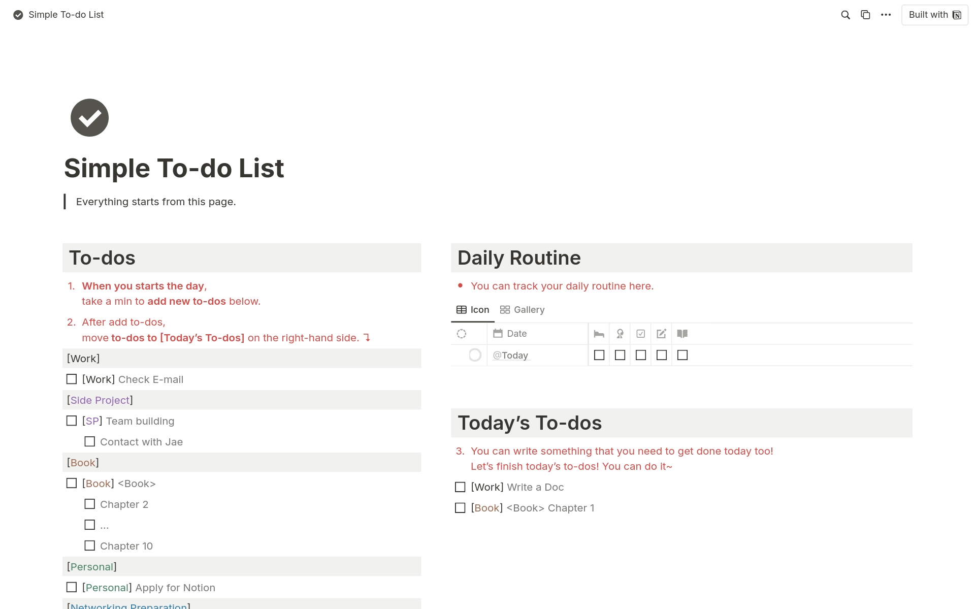 The MOST simple and intuitive to-do list for Notion beginner.

You can manage all tasks at a glance.