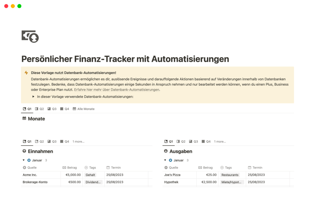 Persönlicher Finanz-Tracker mit Automatisierungen
