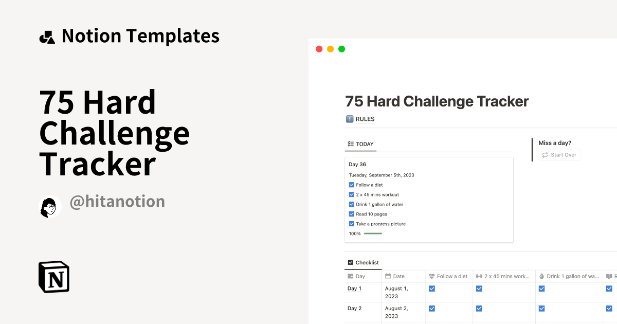 75 Hard Challenge Tracker Notion Template