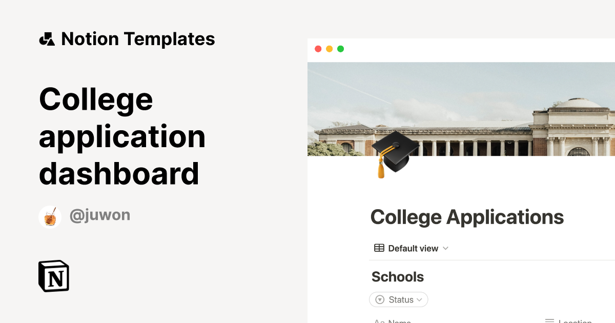 College application dashboard Notion Template