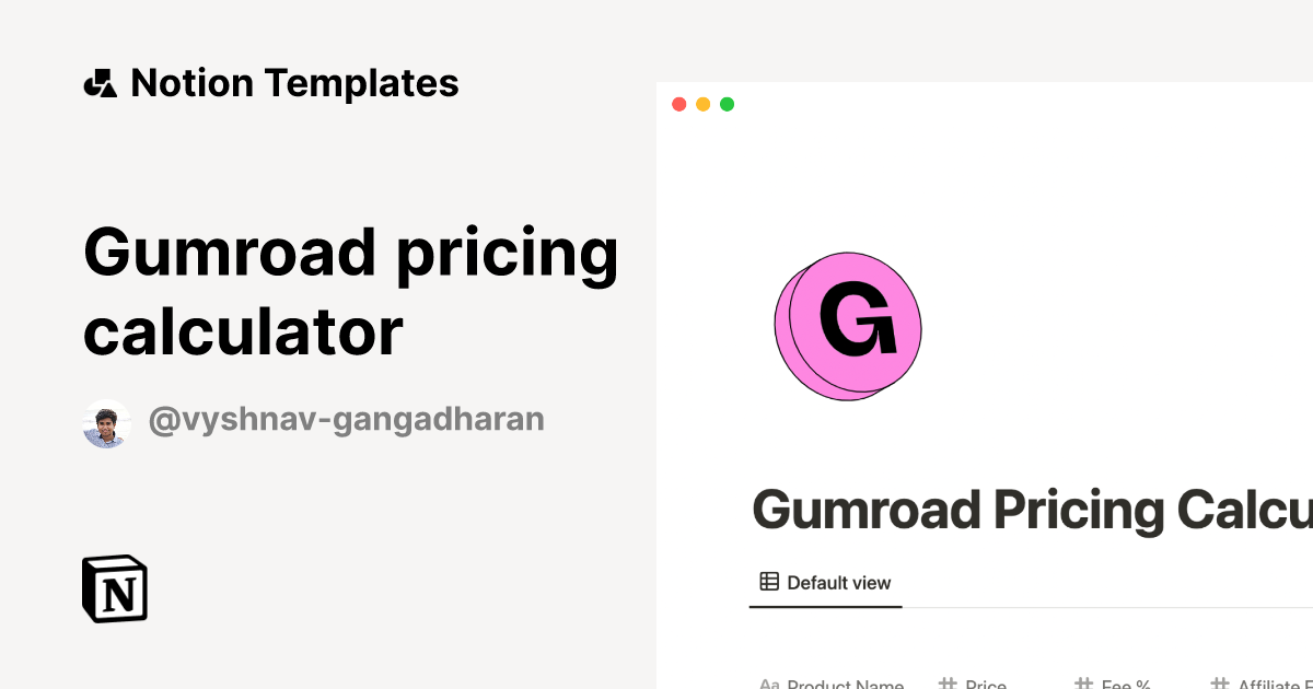 Gumroad pricing calculator Notion Template
