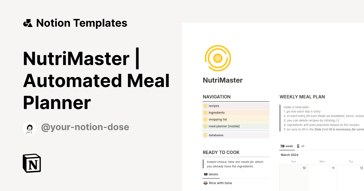 NutriMaster | Automated Meal Planner | Notion Template
