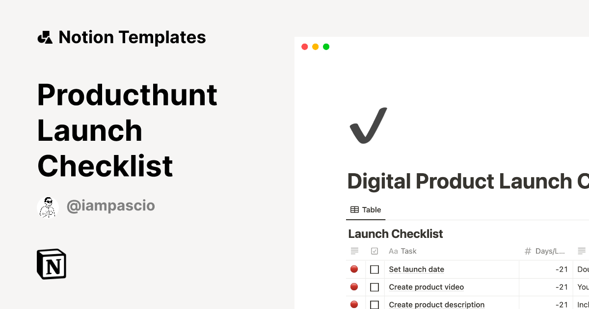 Producthunt Launch Checklist | Notion Template