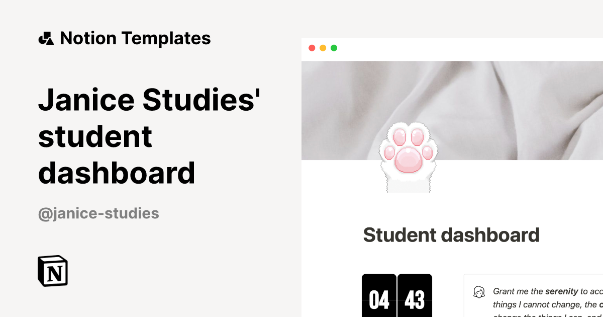 Janice Studies' student dashboard Notion Template