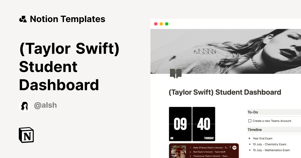 (Taylor Swift) Student Dashboard Notion Template