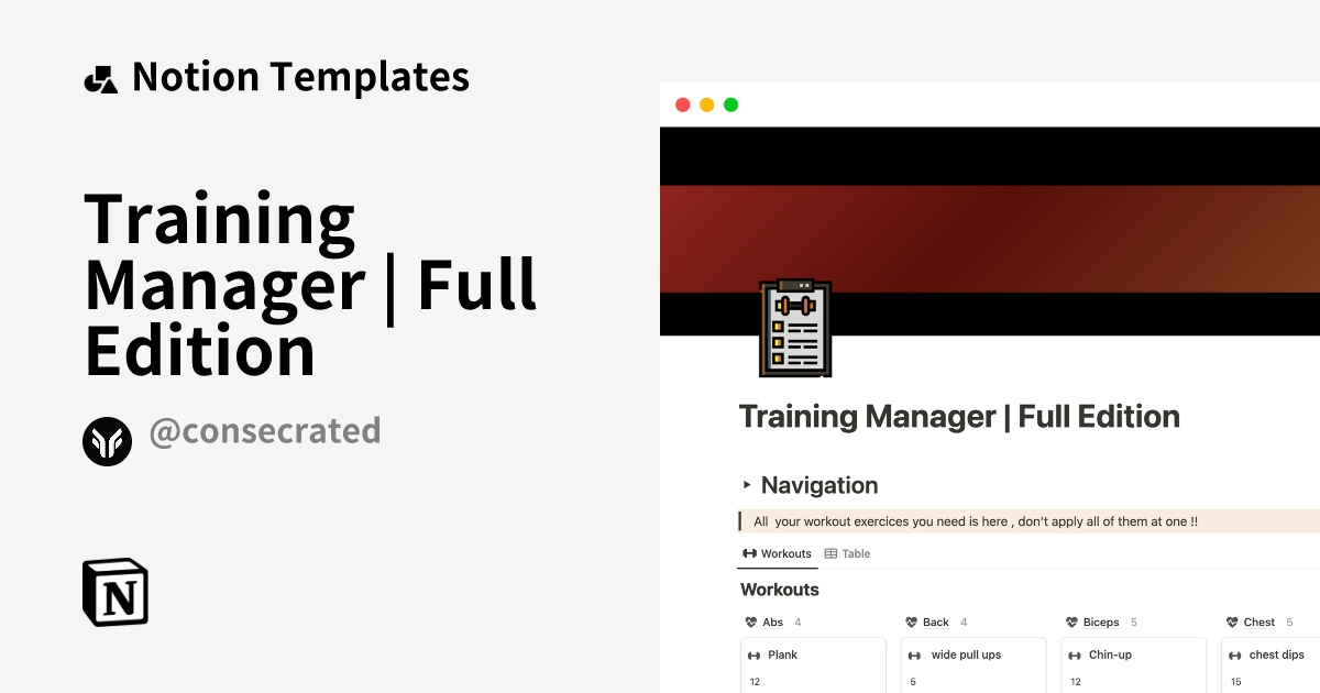 Fitness Manager  Notion Template