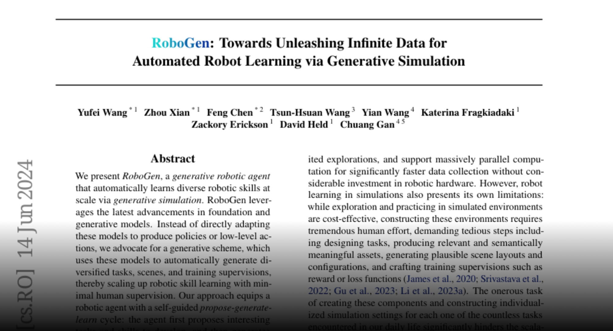 Paper page - RoboGen: Towards Unleashing Infinite Data for Automated Robot Learning   via Generative Simulation