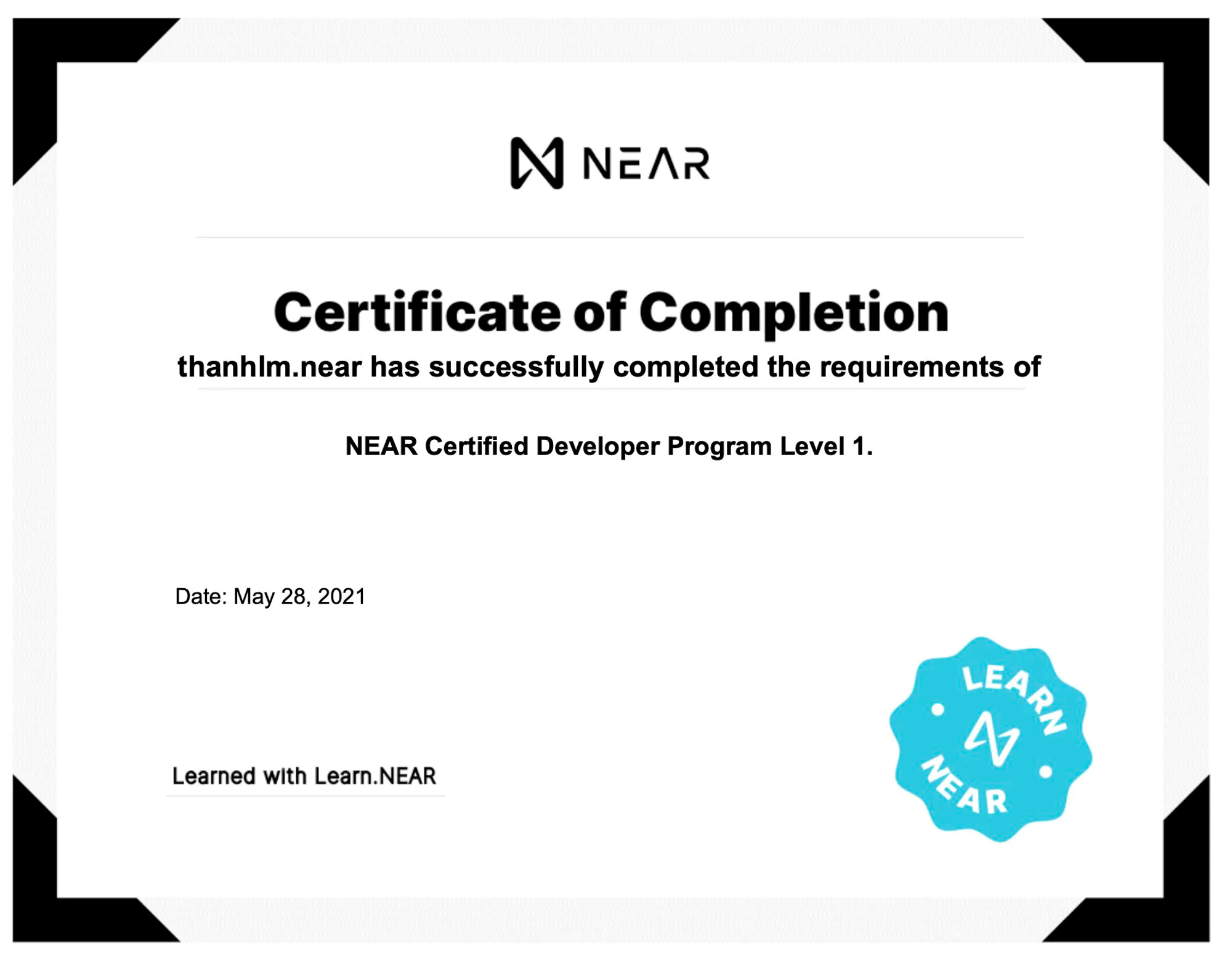 Certificate khi hoàn thành khóa học của Near