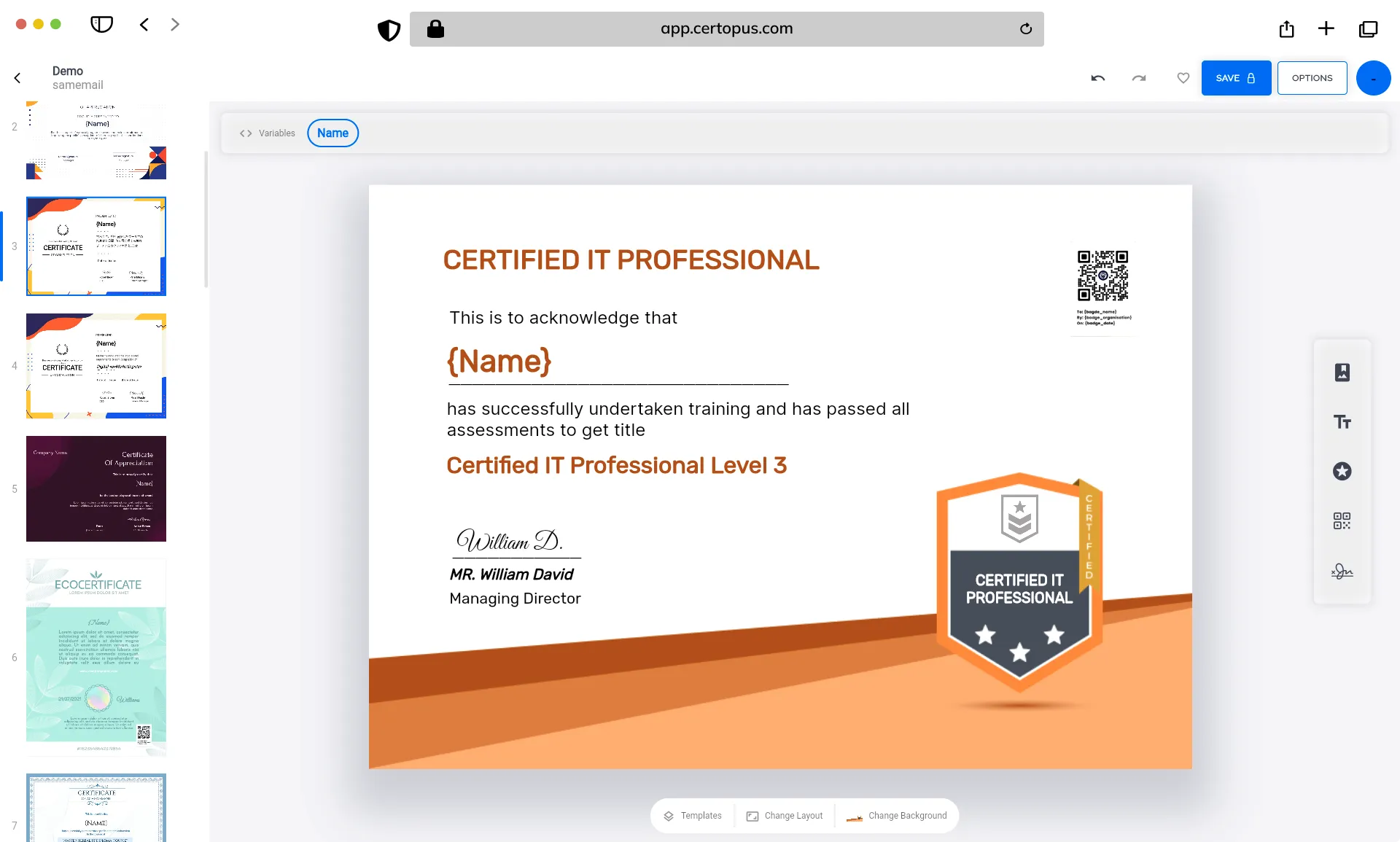 Certopus design tool with free certificate templates