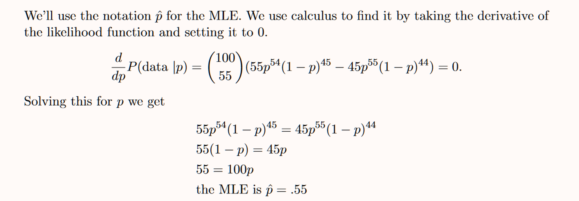 RMB : We could find the MLE by finding the values of θ where the derivative is zero, and finding the one that gives the highest probability.