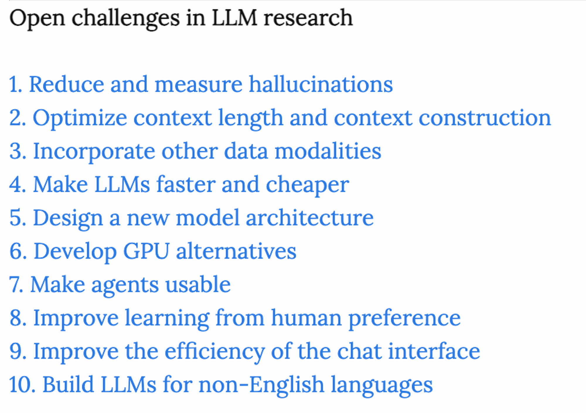 Open challenges in LLM research
