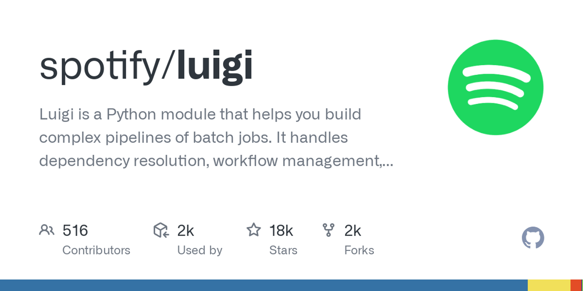 GitHub - spotify/luigi: Luigi is a Python module that helps you build complex pipelines of batch jobs. It handles dependency resolution, workflow management, visualization etc. It also comes with Hadoop support built in.