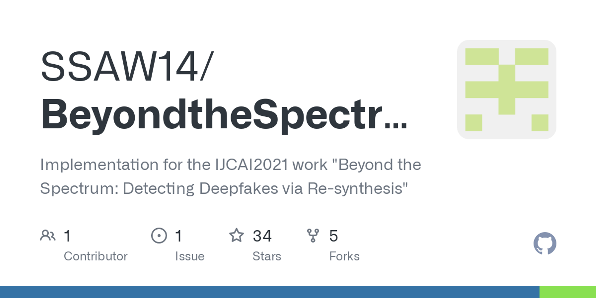 GitHub - SSAW14/BeyondtheSpectrum: Implementation for the IJCAI2021 work "Beyond the Spectrum: Detecting Deepfakes via Re-synthesis"