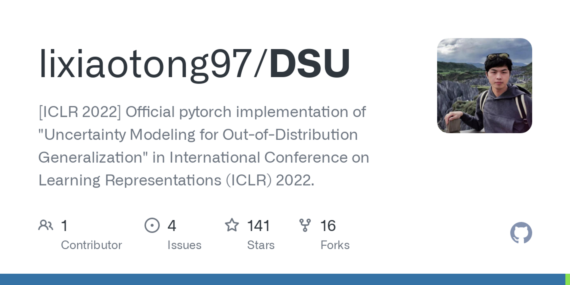 GitHub - lixiaotong97/DSU: [ICLR 2022] Official pytorch implementation of "Uncertainty Modeling for Out-of-Distribution Generalization" in International Conference on Learning Representations (ICLR) 2022.