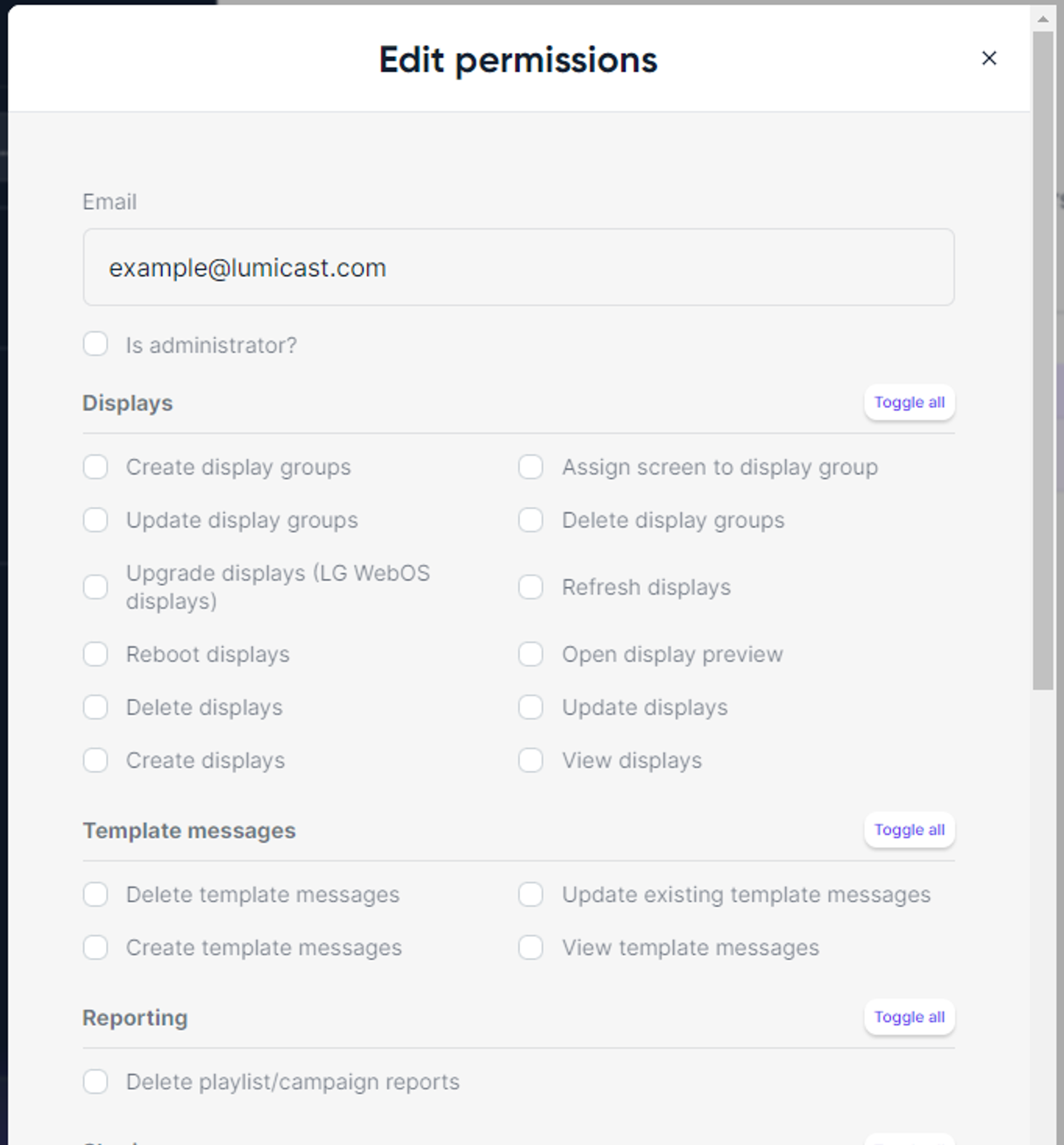 User permissions modal