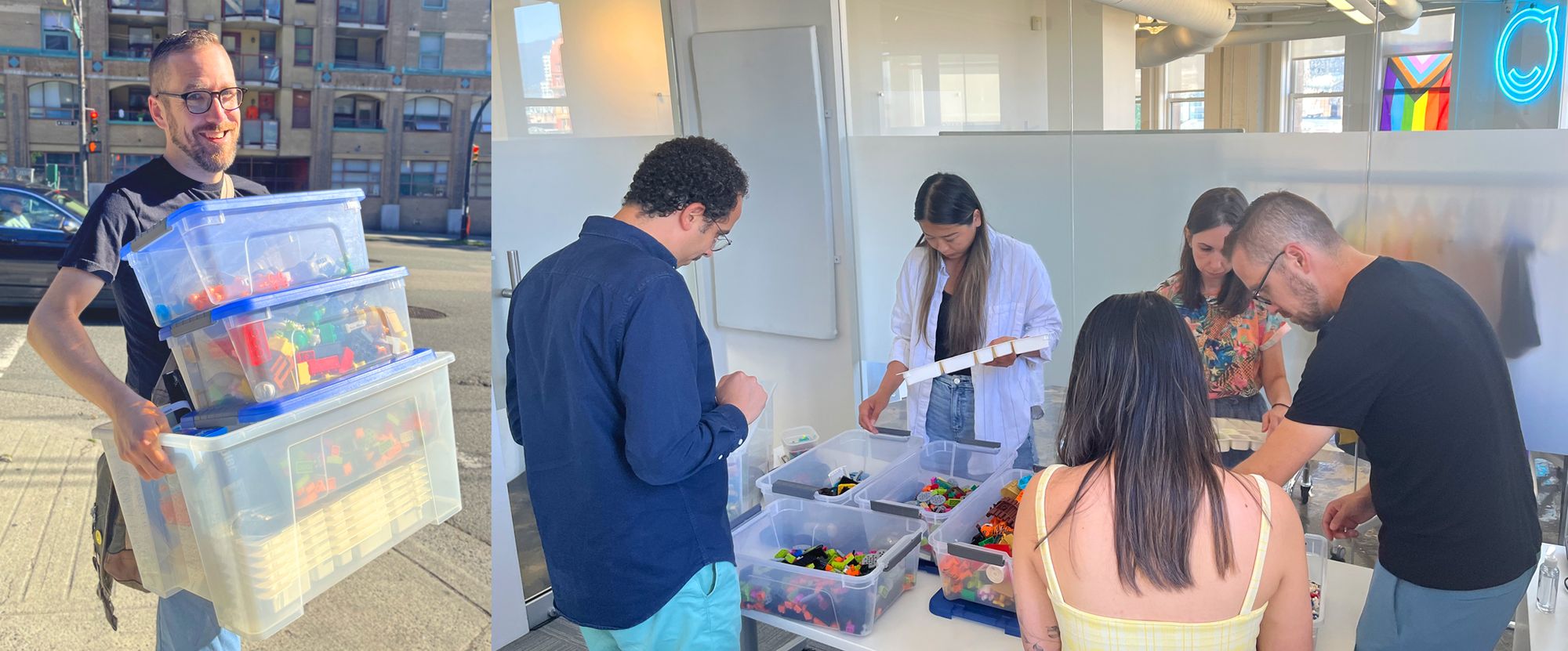 Nick hauling boxes of LEGO bricks on the street out front of the office, and an inset photo of the team all intently gathered around the table of LEGO, picking pieces from the open buckets and assembling their individual models