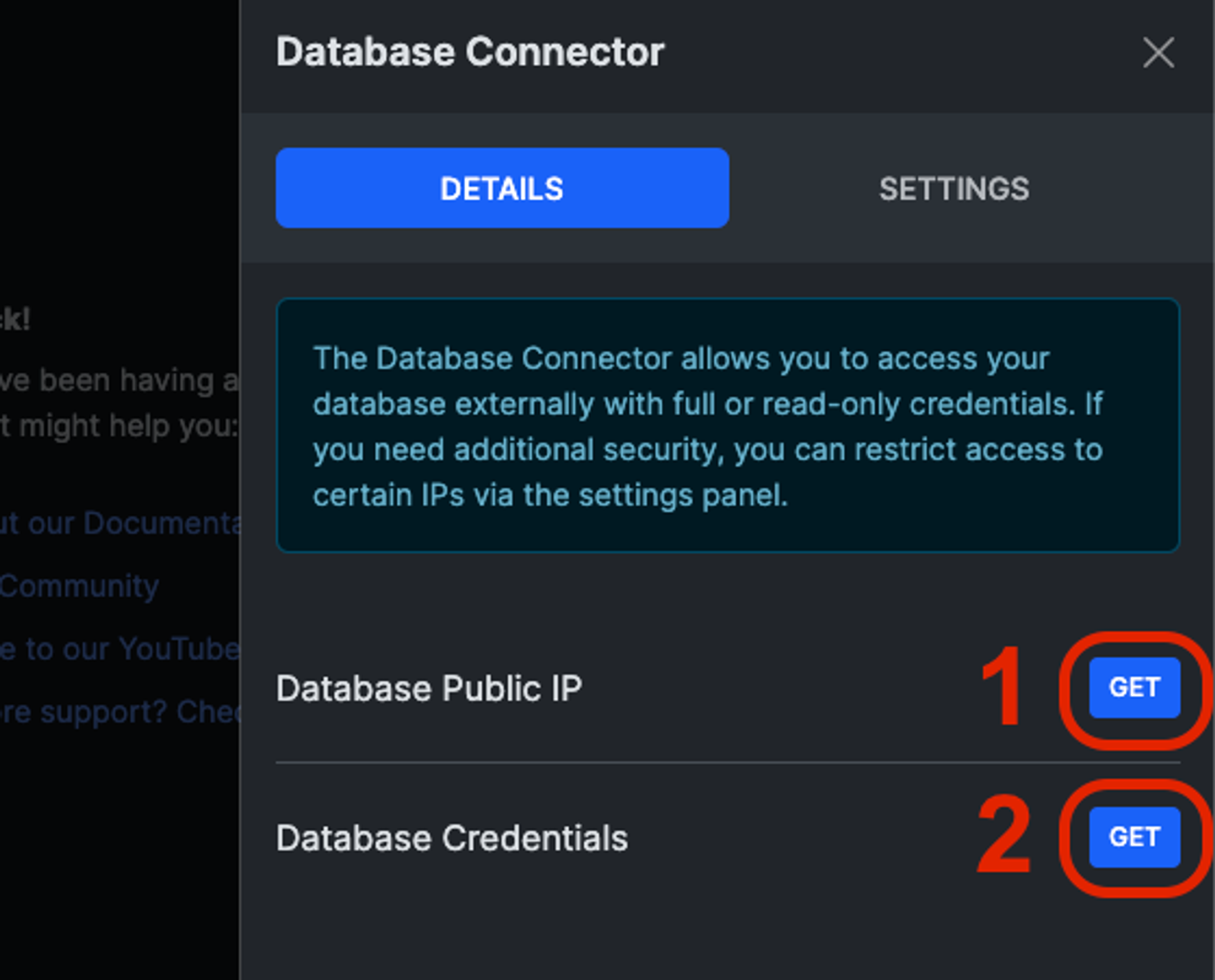 Click the GET buttons to generate a public IP and server credentials.