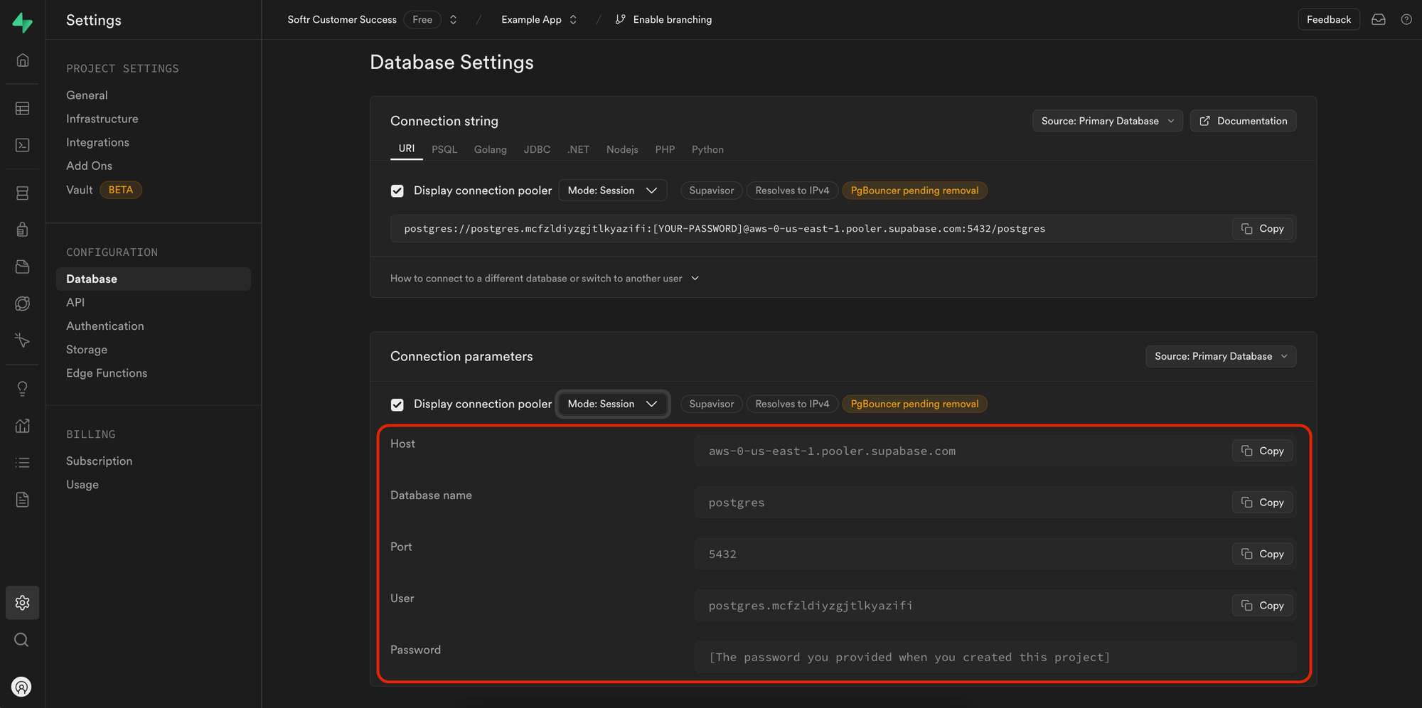 Find the Connection parameters section and copy down the credentials