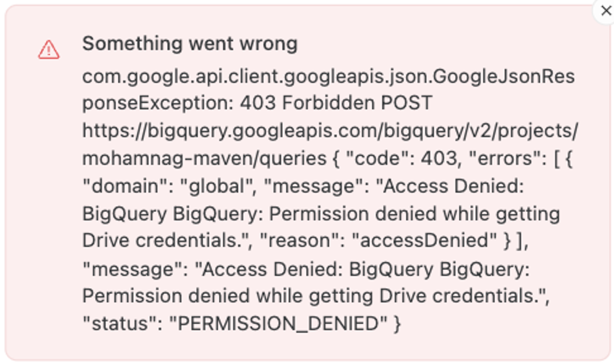 Important part of error in text: "Access Denied:
BigQuery BigQuery: Permission denied while getting Drive credentials.",
