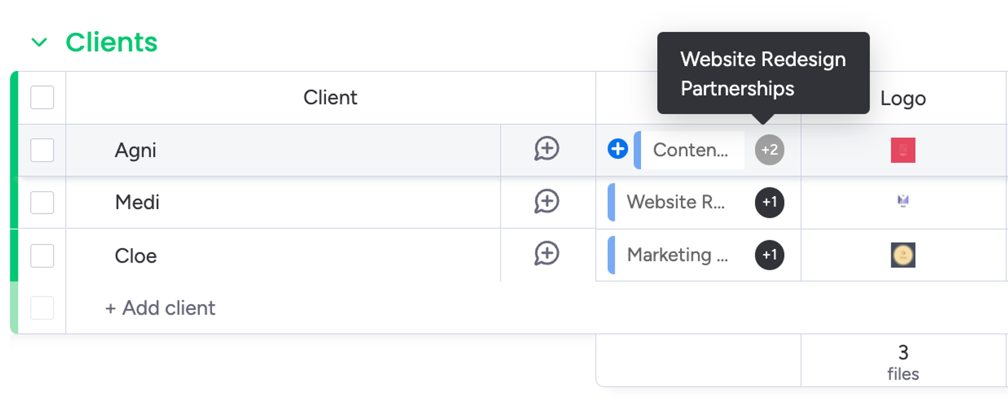 monday.com Clients board with a Connected board with Projects.