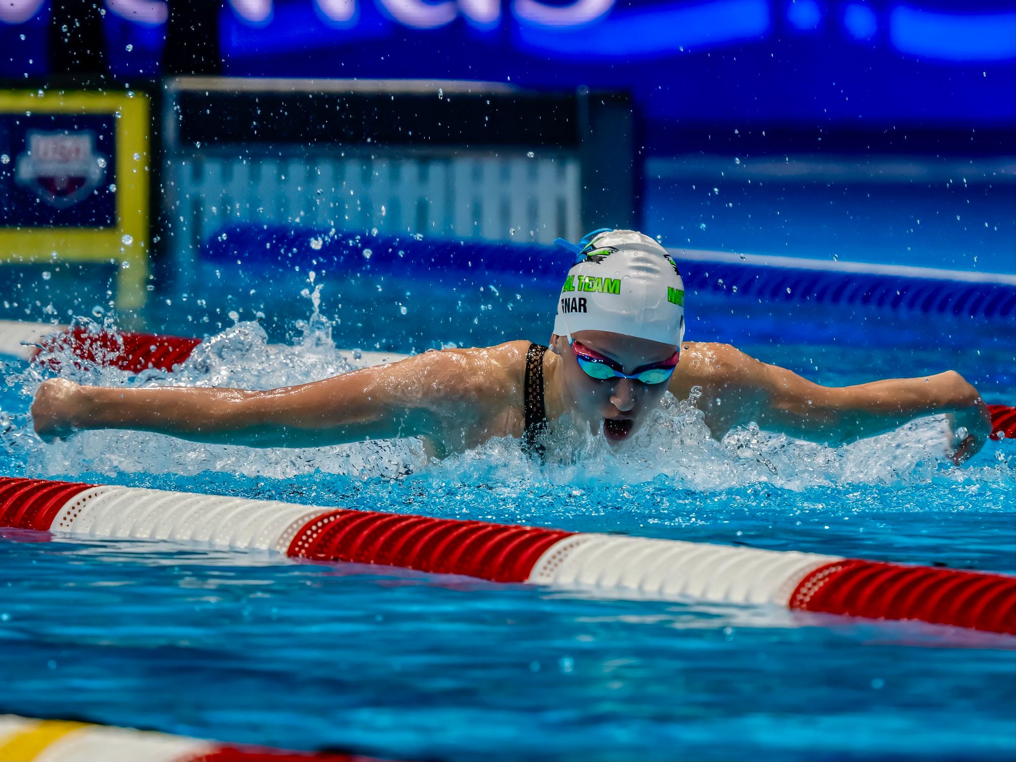 Lilla Bognar swimming butterfly at the Olympic swimming trials in Indianapolis. Image from Lilla Bognar