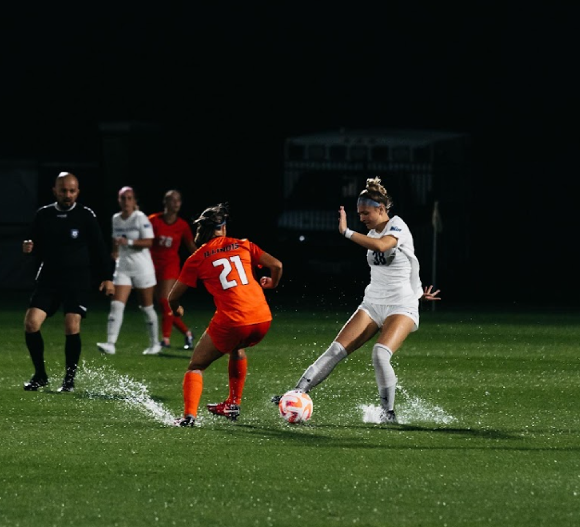 D1 soccer players competing in a soccer game outdoors. Image by Top Tier Lessons.