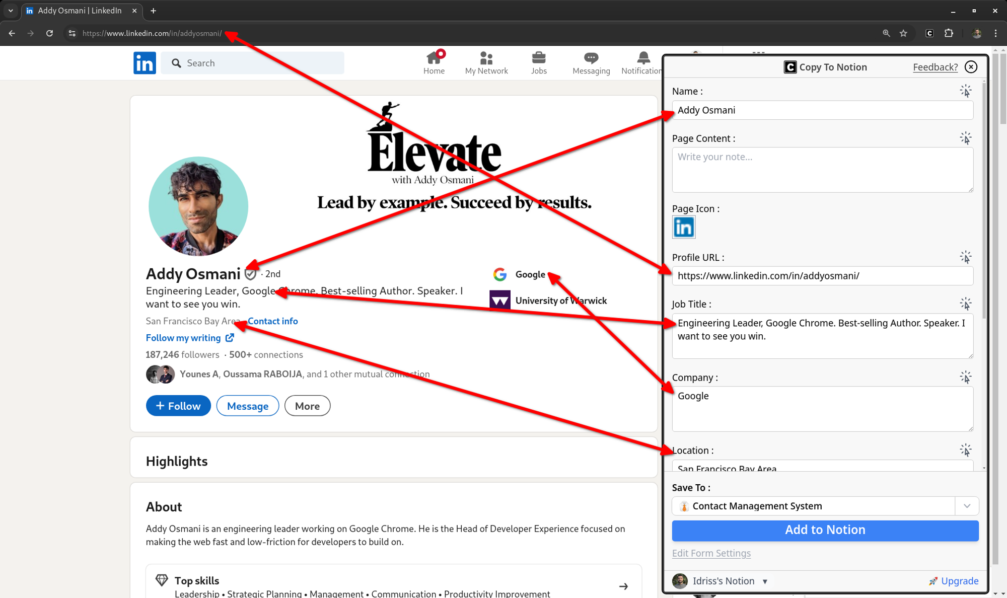 Figure showcasing automatically captured details from a LinkedIn profile.