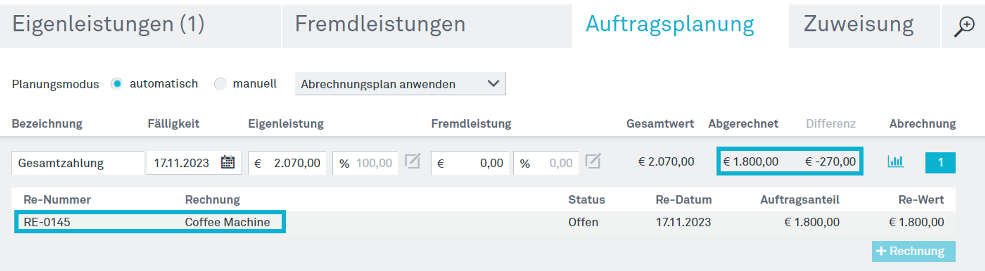 Restauftragswerte und Dokumentation der bisherigen Abrechnung