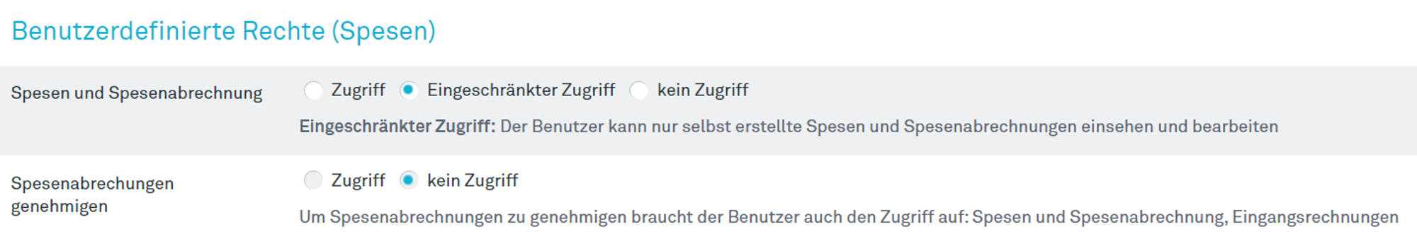 Einstellungen eines “Standardmitarbeiters” zur Einreichung eigener Spesenabrechnungen.