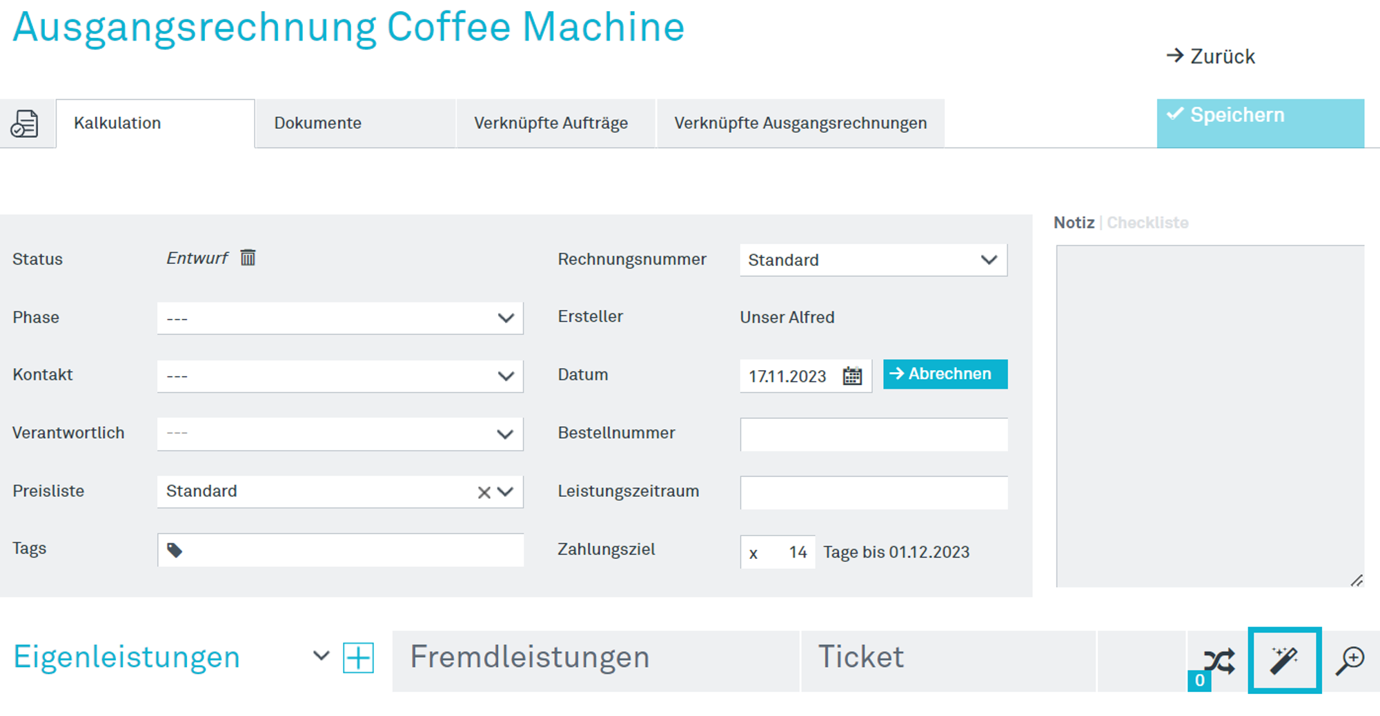 Der Zauberstab öffnet den Abrechnungsassistenten