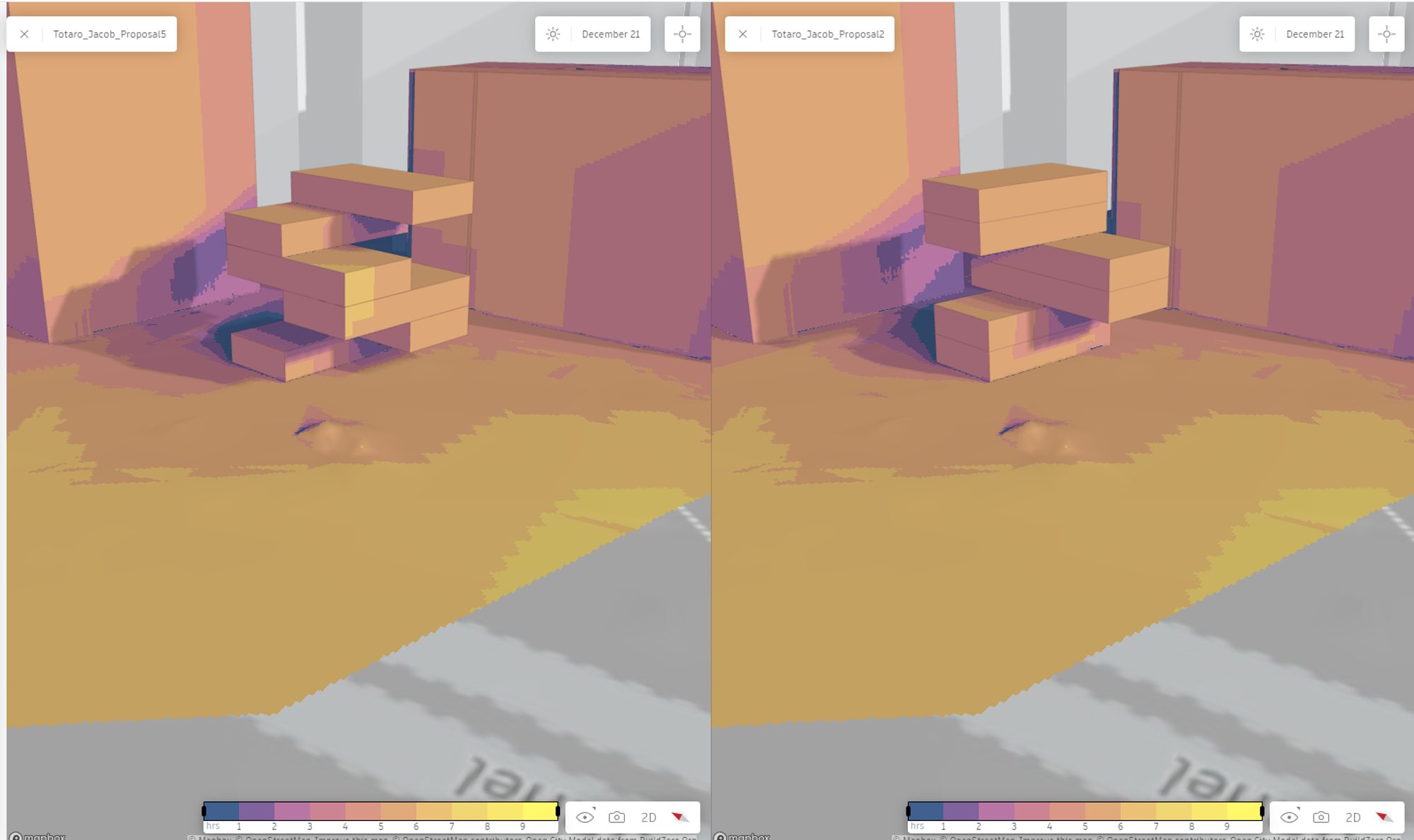 Design #1 vs Design #2 - #1 shows more potential in the winter for sunlight