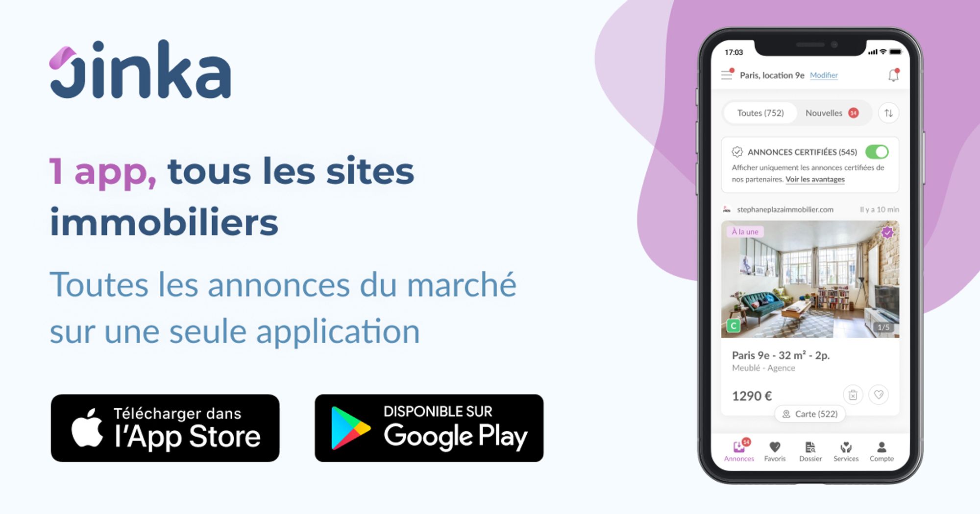 1 app, tous les sites immobiliers - Jinka