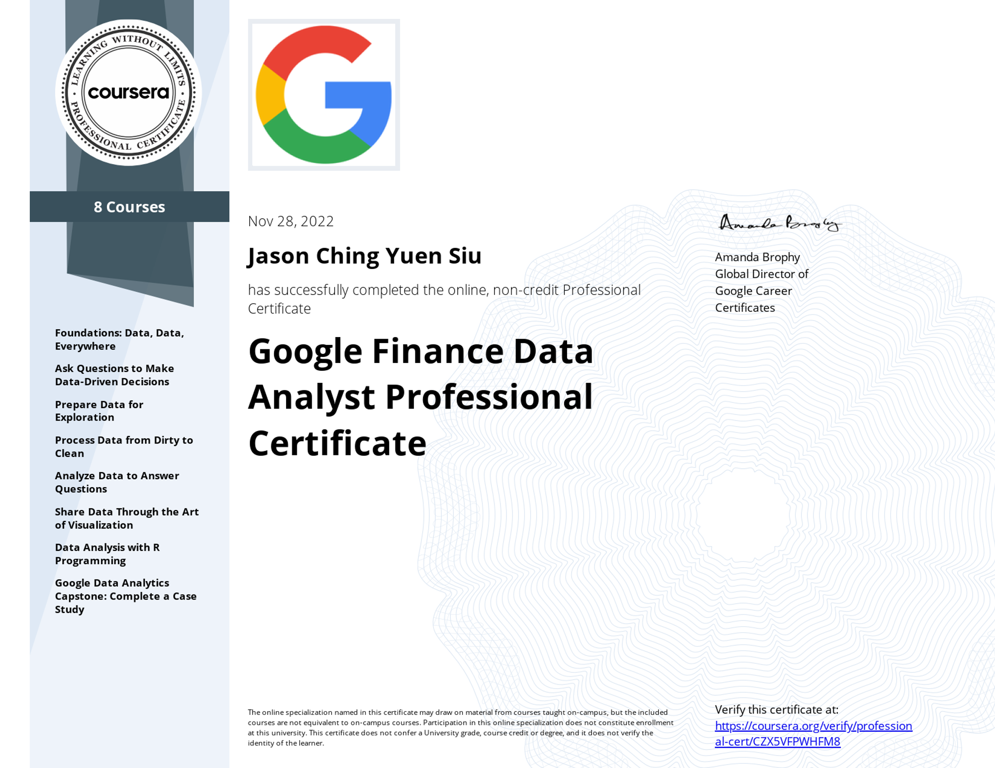 Google Finance Data Analyst Professional Certificate