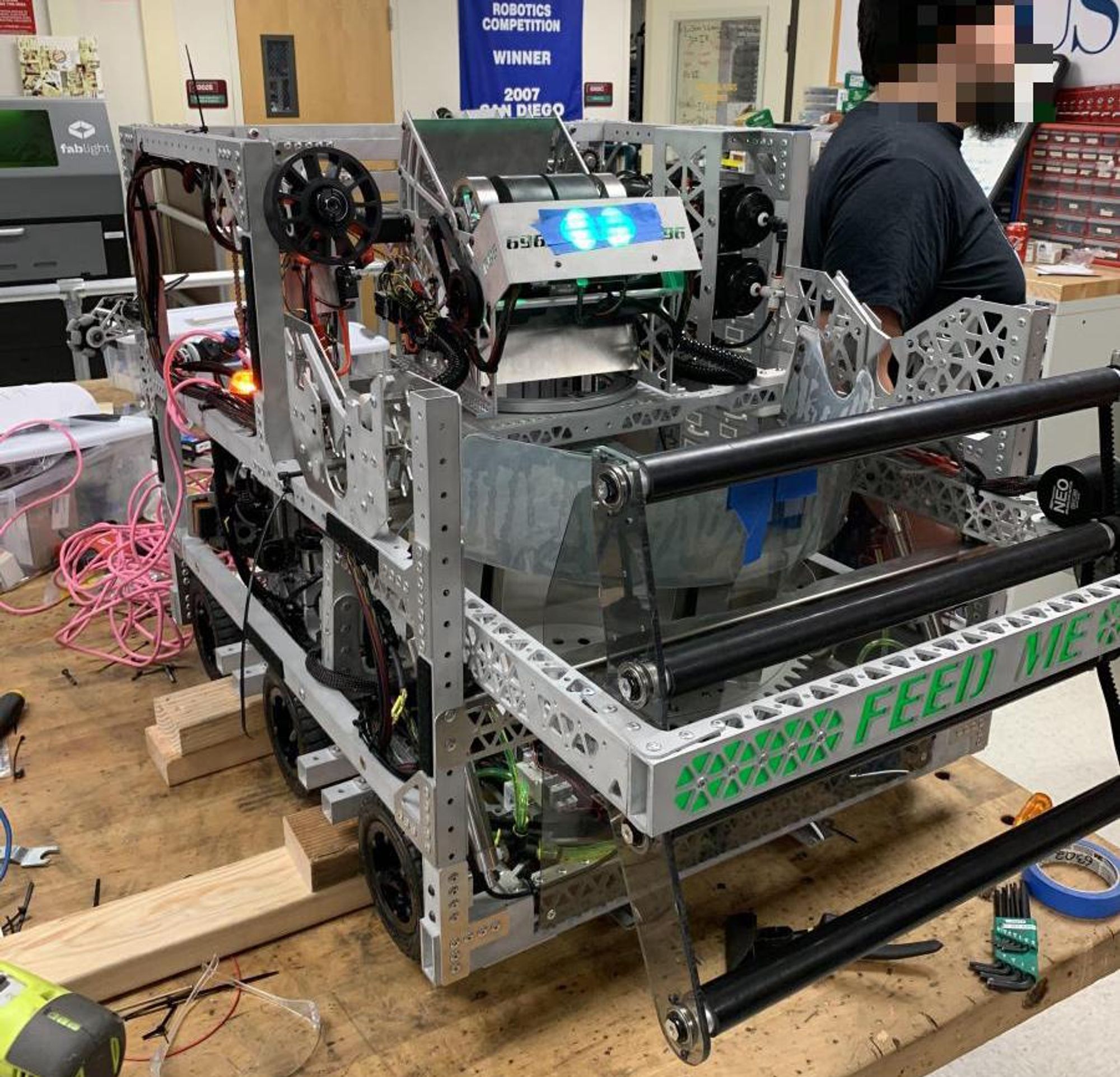 Our finished 2020 competition robot “Zenith” at the shop.